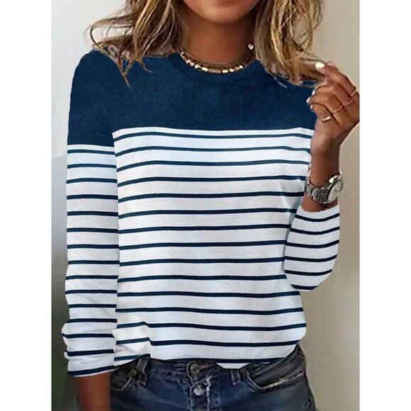 Casual Striped Crew Neck Long Sleeve Jersey Blouse - Picture 1 of 2